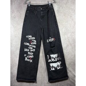 IT Chapter Two Jeans Womens 3 Black Pennywise Graphic Wide Leg Distressed Horror